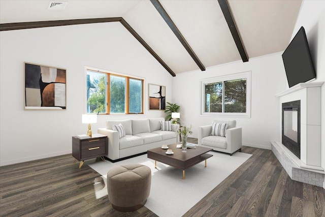 living area featuring visible vents, plenty of natural light, high vaulted ceiling, and dark wood-type flooring