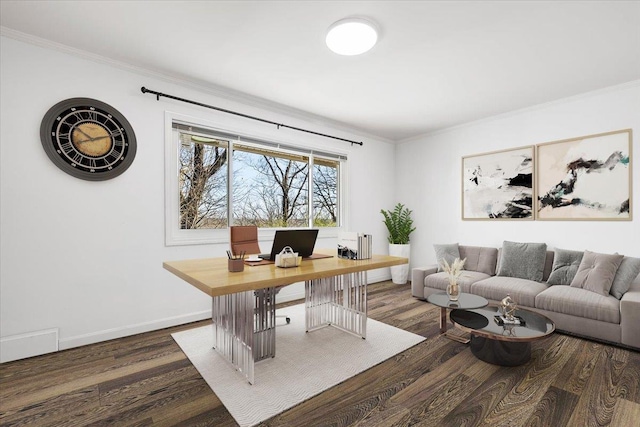 home office featuring baseboards, wood finished floors, and crown molding