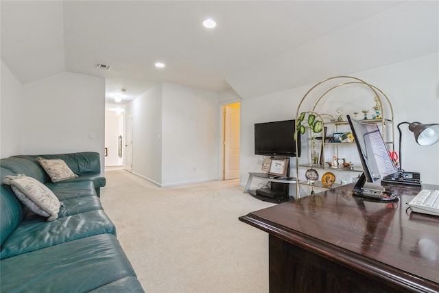 living area with light carpet, visible vents, baseboards, lofted ceiling, and recessed lighting