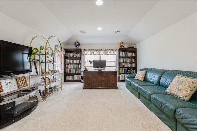 living room featuring lofted ceiling, visible vents, light carpet, and recessed lighting