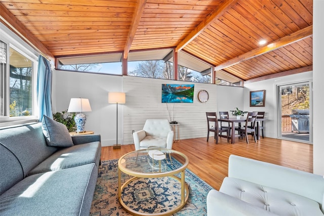 living room with lofted ceiling with beams, wooden ceiling, and wood finished floors