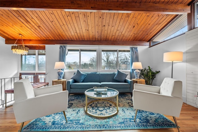 living room featuring light wood-style floors, wood ceiling, and a chandelier