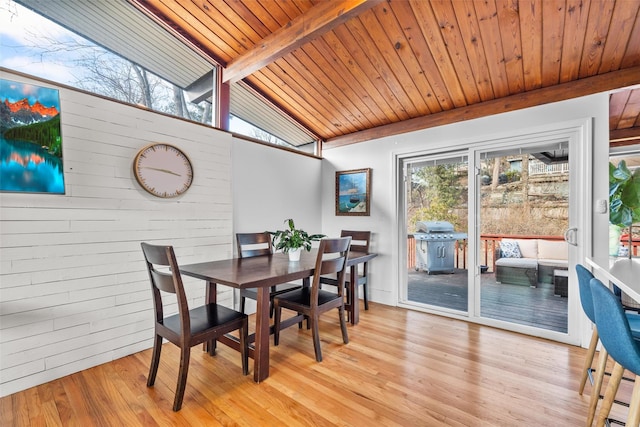 dining space with vaulted ceiling with beams, wood walls, wooden ceiling, and light wood-style flooring