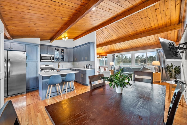 dining room featuring vaulted ceiling with beams, wooden ceiling, and light wood-style floors