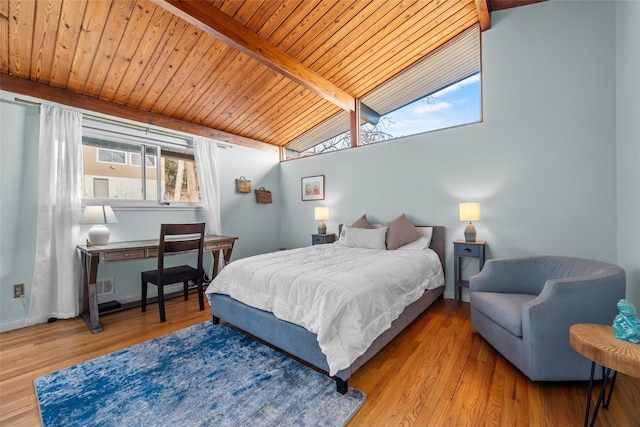 bedroom with wood ceiling, lofted ceiling with beams, baseboards, and wood finished floors