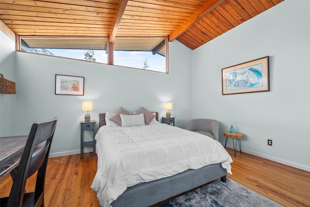 bedroom featuring lofted ceiling with beams, wood finished floors, wood ceiling, and baseboards