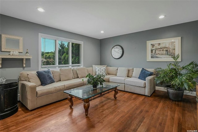 living room with recessed lighting, baseboards, and wood finished floors