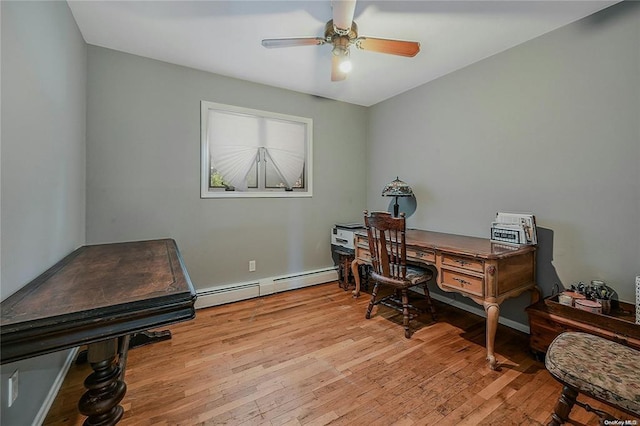 home office featuring a baseboard heating unit, light wood-type flooring, and a ceiling fan