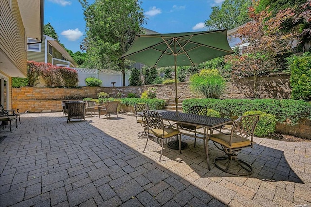 view of patio / terrace featuring a fenced backyard and outdoor dining space