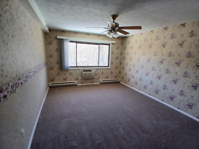 carpeted empty room featuring a baseboard radiator, a wall mounted air conditioner, baseboards, and wallpapered walls