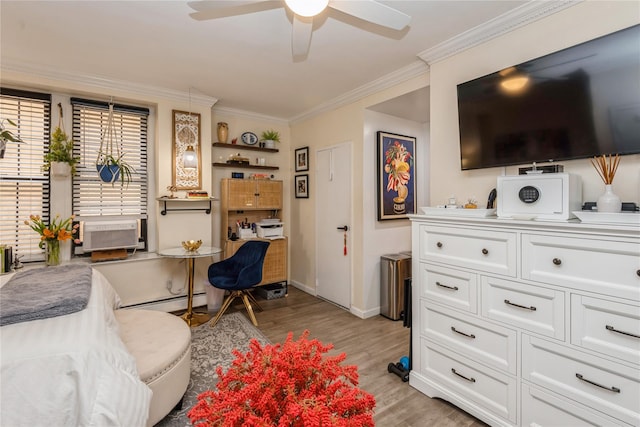 interior space with light wood-style floors, baseboard heating, cooling unit, and crown molding