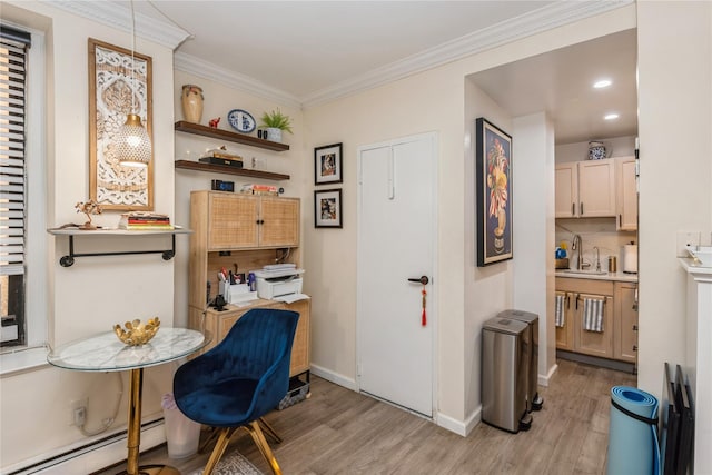 dining area featuring a baseboard radiator, recessed lighting, light wood-style flooring, ornamental molding, and baseboards