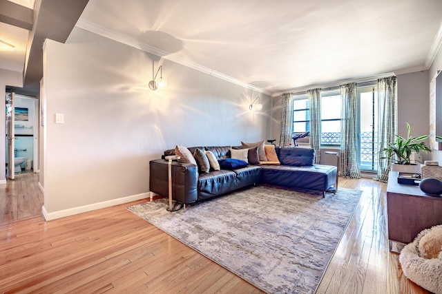 living room featuring baseboards, crown molding, and light wood finished floors