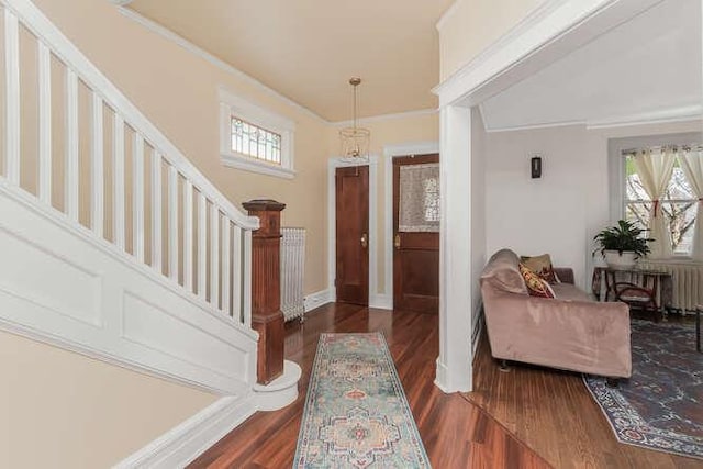 entryway featuring a healthy amount of sunlight, stairs, dark wood finished floors, and crown molding