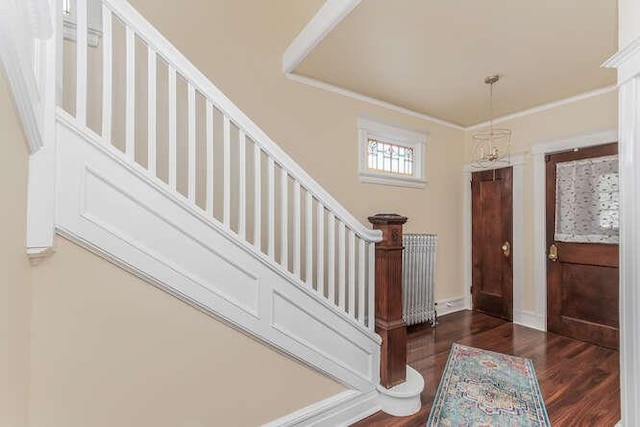 entryway with stairs, dark wood-type flooring, ornamental molding, and baseboards