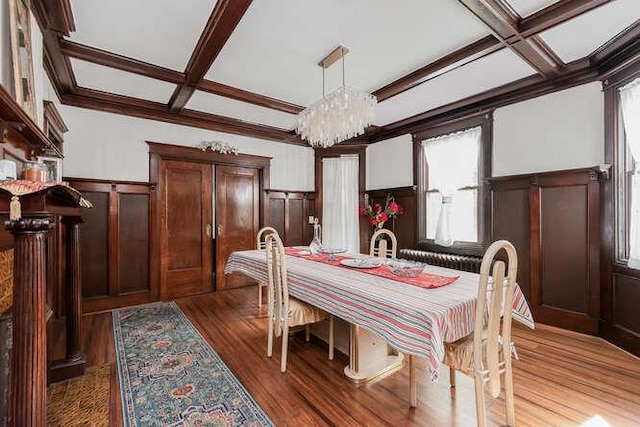 dining area with a wainscoted wall, coffered ceiling, wood finished floors, and beam ceiling