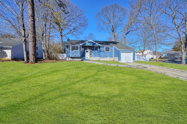 ranch-style home featuring a garage, dirt driveway, a chimney, and a front yard