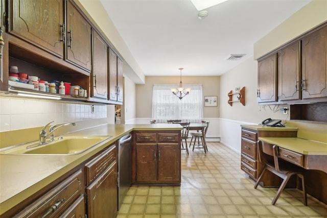 kitchen featuring a sink, open shelves, dishwasher, and light countertops