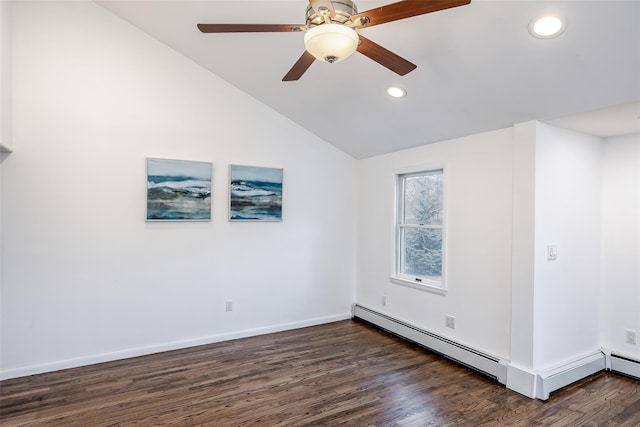 spare room with recessed lighting, a baseboard heating unit, baseboards, vaulted ceiling, and dark wood-style floors