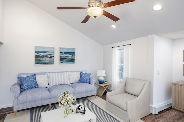 living room featuring recessed lighting, dark wood-type flooring, a ceiling fan, vaulted ceiling, and baseboards