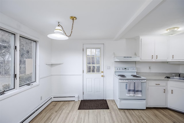 kitchen featuring electric stove, hanging light fixtures, under cabinet range hood, white cabinetry, and open shelves