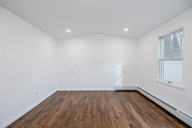 unfurnished room featuring a baseboard radiator, baseboards, dark wood-style flooring, and recessed lighting