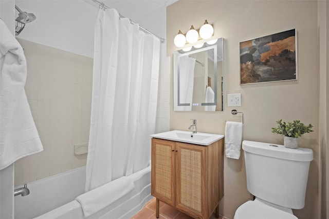 full bath featuring toilet, shower / bathtub combination with curtain, tile patterned flooring, and vanity