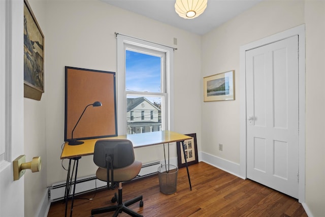 office with dark wood finished floors and baseboards