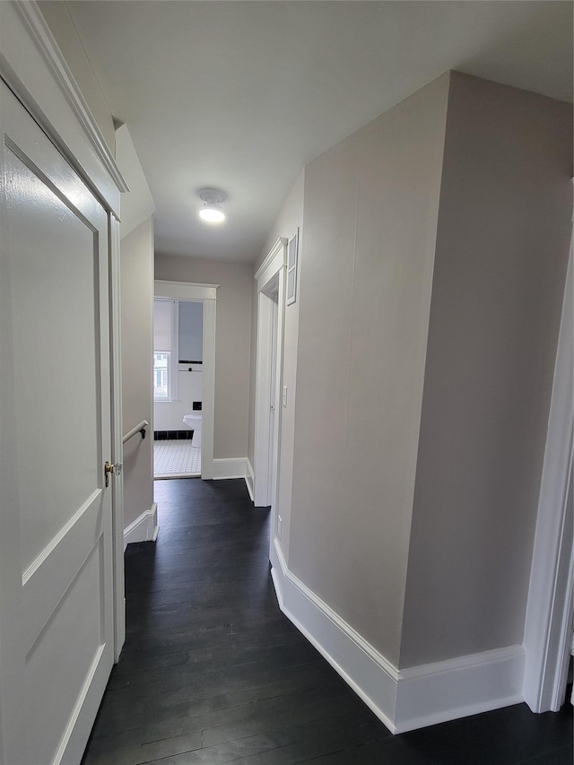 corridor with baseboards and dark wood finished floors