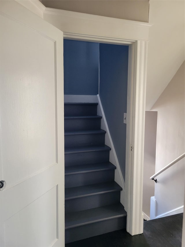 stairs featuring wood finished floors