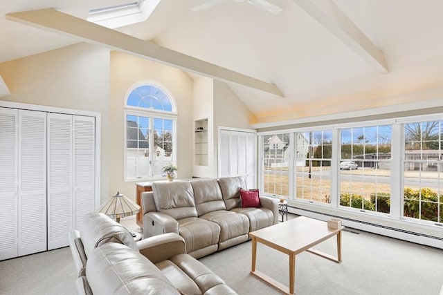 living room with high vaulted ceiling, a baseboard radiator, beam ceiling, and light colored carpet