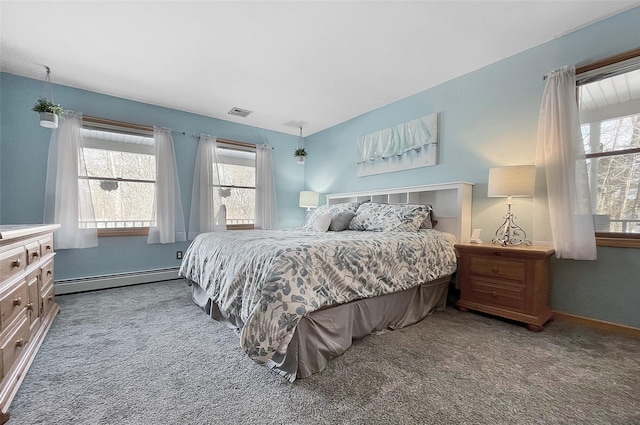 bedroom featuring baseboards, visible vents, baseboard heating, and carpet flooring