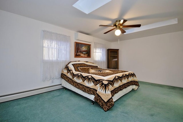 bedroom featuring baseboard heating, a skylight, carpet flooring, and a wall mounted AC