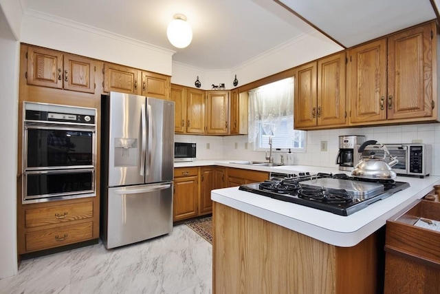 kitchen with marble finish floor, stainless steel refrigerator with ice dispenser, a sink, a peninsula, and brown cabinetry