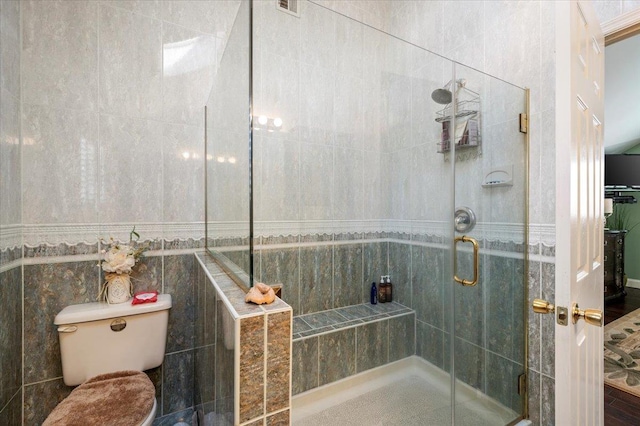 full bathroom featuring a shower stall and toilet