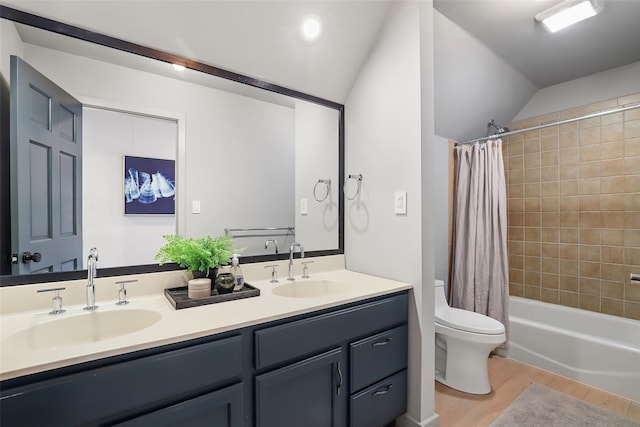 bathroom featuring double vanity, toilet, wood finished floors, and a sink