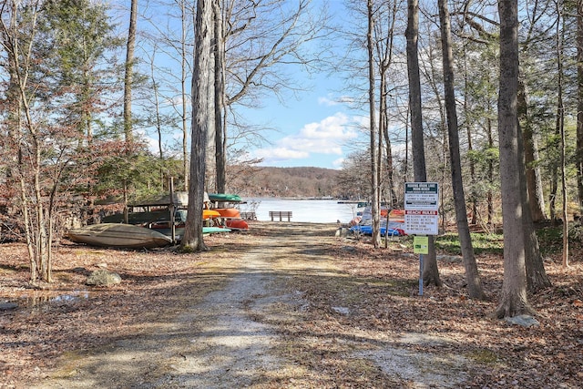 view of road featuring a water view and driveway