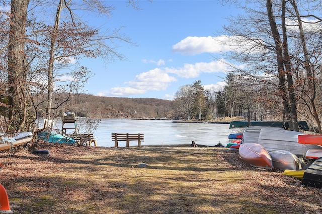 view of dock with a water view and a wooded view