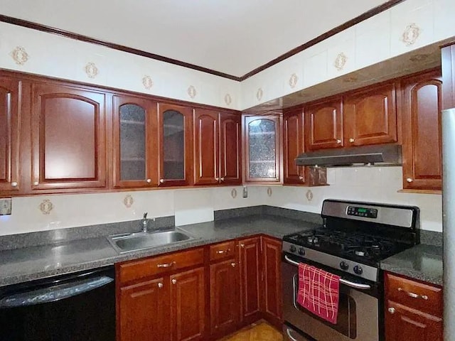 kitchen with stainless steel gas stove, dark countertops, dishwasher, and under cabinet range hood