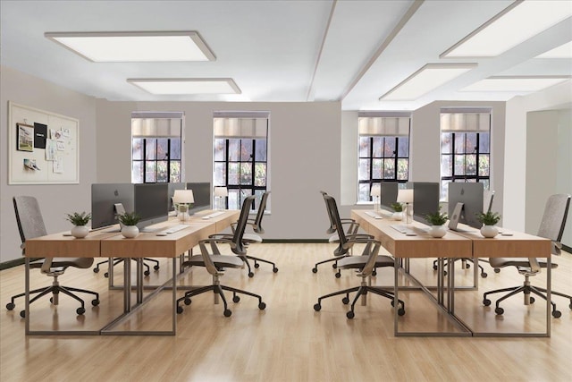 home office featuring a healthy amount of sunlight, light wood-style flooring, and baseboards