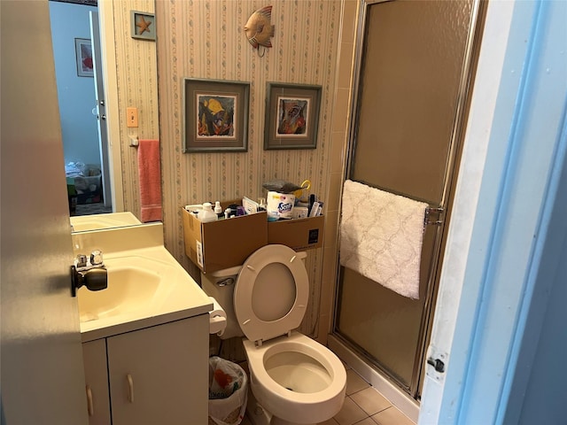 full bath featuring wallpapered walls, toilet, tile patterned floors, vanity, and a shower stall