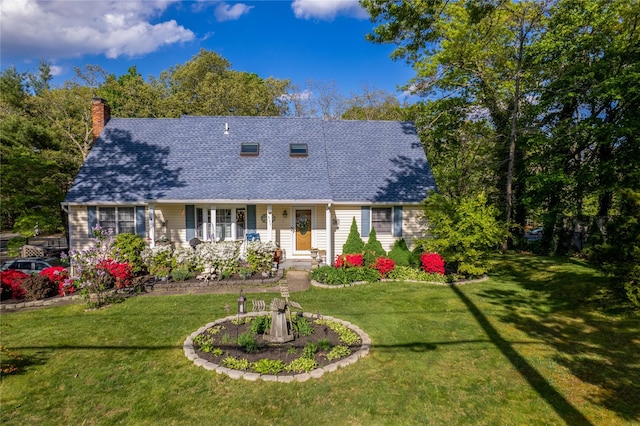 337 Mount Sinai Coram Rd, Mount Sinai, NY 11766 - cape cod house featuring a chimney, roof with shingles, and a front yard