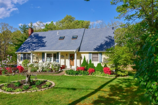 337 Mount Sinai Coram Rd, Mount Sinai, NY 11766 - cape cod home featuring a front yard, a chimney, and roof with shingles
