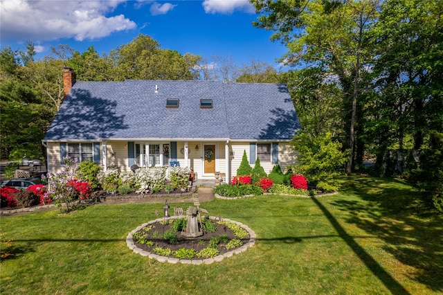337 Mount Sinai Coram Rd, Mount Sinai, NY 11766 - cape cod house featuring a chimney, roof with shingles, a front lawn, and covered porch
