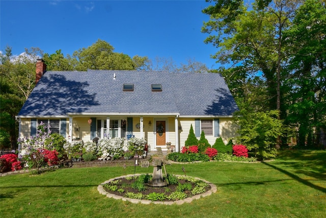 337 Mount Sinai Coram Rd, Mount Sinai, NY 11766 - cape cod-style house with a chimney, a front yard, and a shingled roof