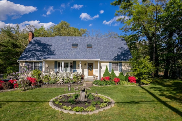 337 Mount Sinai Coram Rd, Mount Sinai, NY 11766 - cape cod house featuring a chimney, a front yard, and roof with shingles