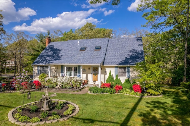 337 Mount Sinai Coram Rd, Mount Sinai, NY 11766 - cape cod house with a chimney, a front yard, and roof with shingles