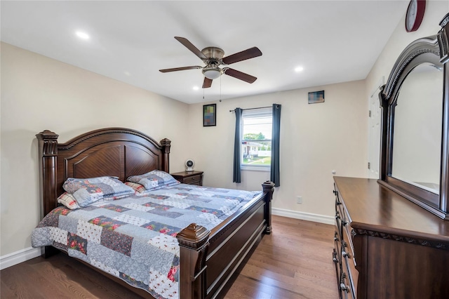 bedroom featuring recessed lighting, ceiling fan, baseboards, and wood finished floors