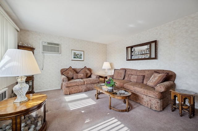 living area featuring carpet, a wall mounted air conditioner, and wallpapered walls