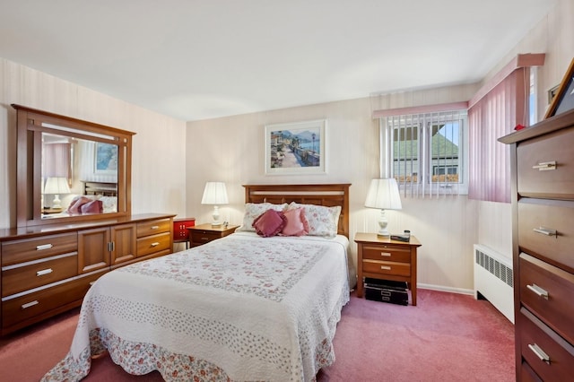 bedroom featuring baseboards, light colored carpet, and radiator